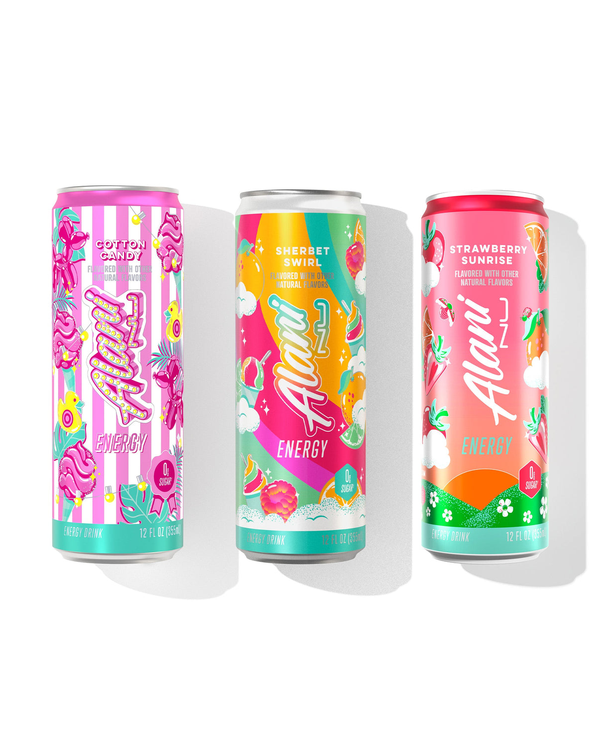 The front views of 3 sugar-free, 12oz Alani Nu Energy Drinks: Strawberry Sunrise, Cotton Candy, and Sherbet Swirl (flavored with other natural flavors).