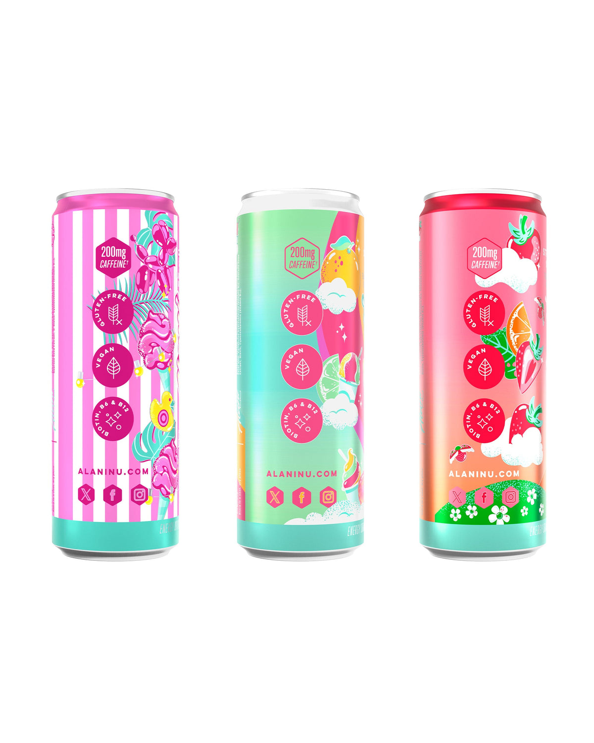 The side views of Alani’s Strawberry Sunrise, Cotton Candy, and Sherbet Swirl Energy Drinks—all gluten-free, vegan, and made with B vitamins and 200mg of caffeine per serving.