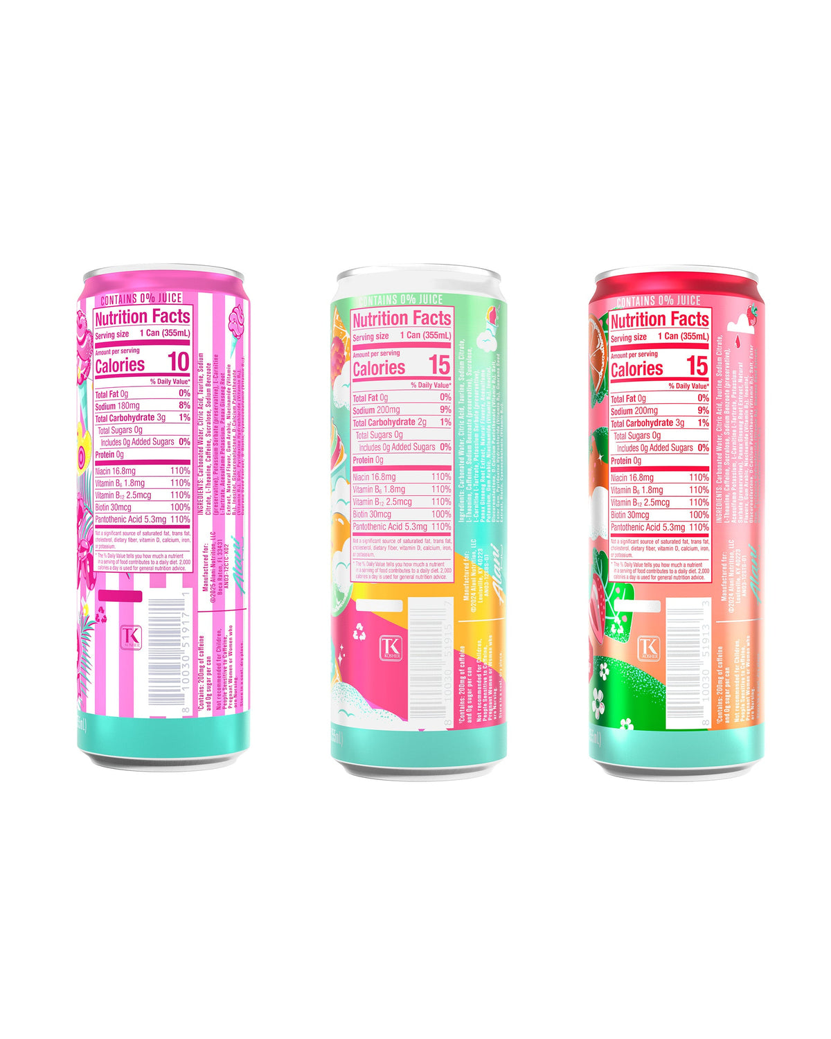 The back views of Strawberry Sunrise, Cotton Candy, and Sherbet Swirl Alani Energy, highlighting each 10-15 calorie can's nutrition facts and ingredients. 