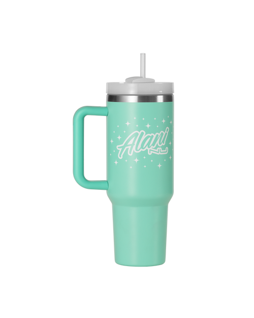 A 40oz seafoam sparkle colored travel tumbler.