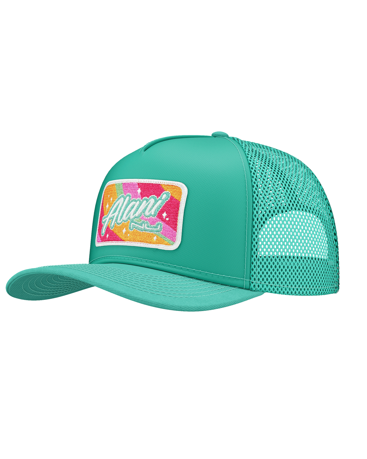 Alani’s exclusive Sherbet Swirl Trucker Hat shown in a dreamy cloudscape featuring a rainbow and a pool of water with floating orange slices. 
