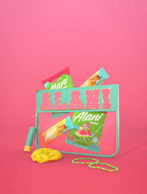 A clear branded Alani Nu pouch with pink chenille lettering. Inside: 2 Sour Melon Slices bags and 2 Munchies Protein Bars on orange to pink gradient background. 3 Sour Melon Slices in foreground.