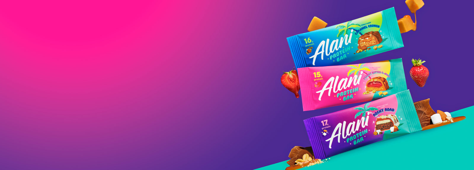 Three protein-packed Alani Protein Bars balancing on top of each other. 