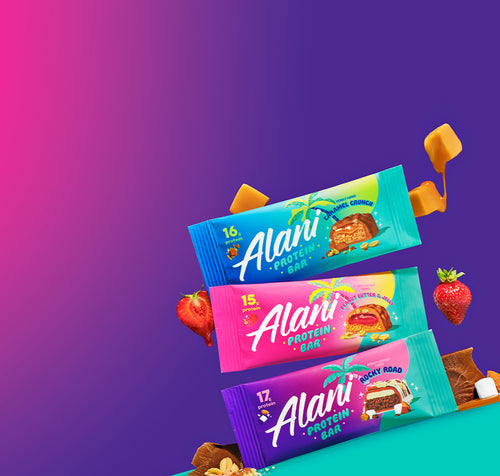 Three protein-packed Alani Protein Bars balancing on top of each other. 
