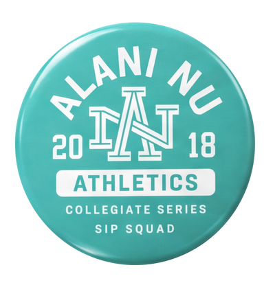Seafoam green Alani Nu Athletics button featuring an interlocking logo and graphic text reading “2018,” “Collegiate Series,” and “Sip Squad.”