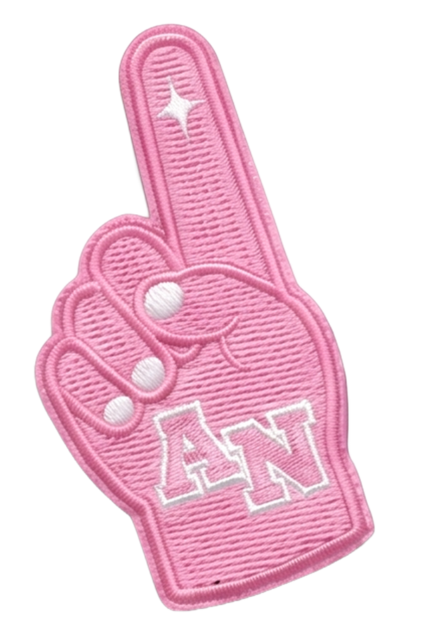 Pink Alani Nu athletics foam finger path featuring a white sparkle and stylized collegiate emblem in the center. 