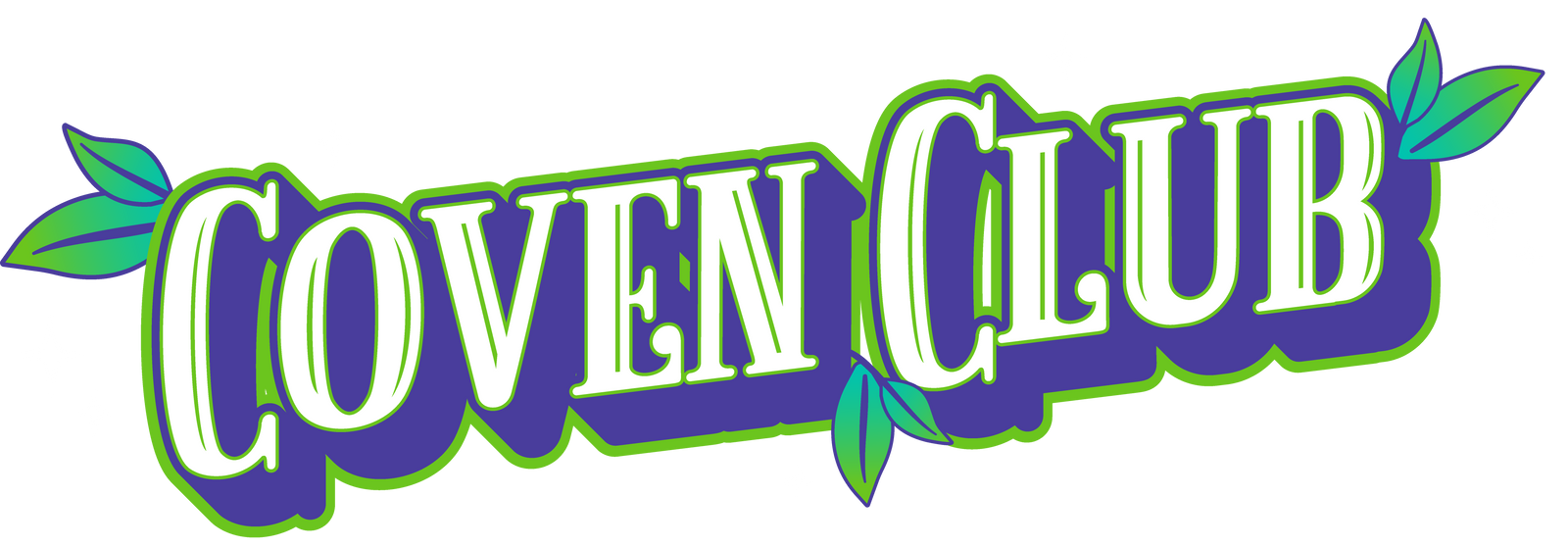 Text graphic that says "Coven Club" in white serif lettering on a purple background with a green outline and teal to green gradient leaf accents.