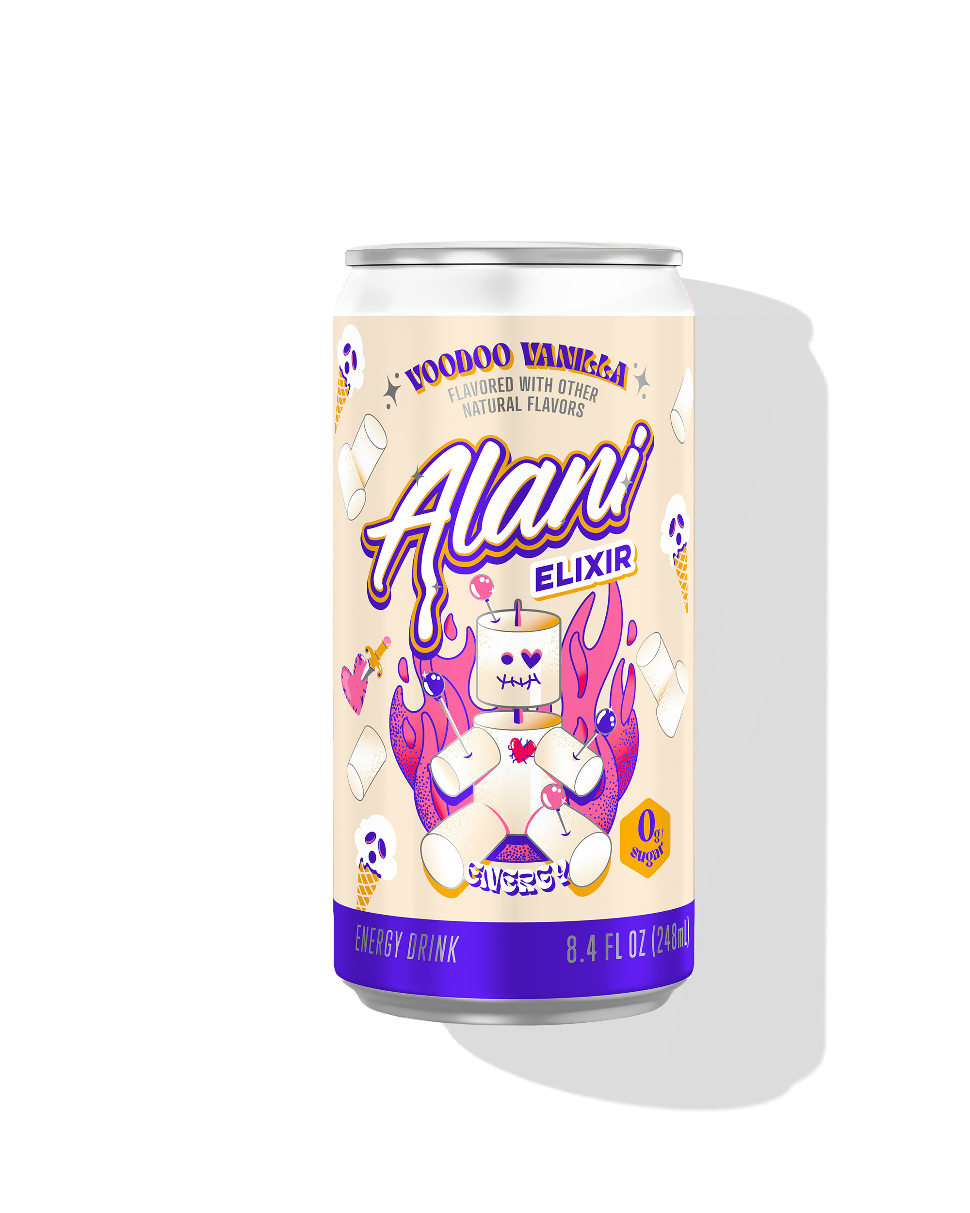 The front view of a sugar-free 8.4oz can of Voodoo Vanilla Alani Nu Energy drink, flavored with other natural flavors.