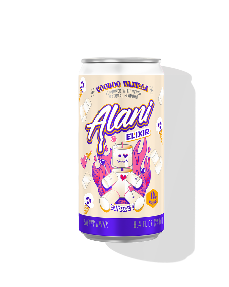 The front view of a sugar-free 8.4oz can of Voodoo Vanilla Alani Nu Energy drink, flavored with other natural flavors.