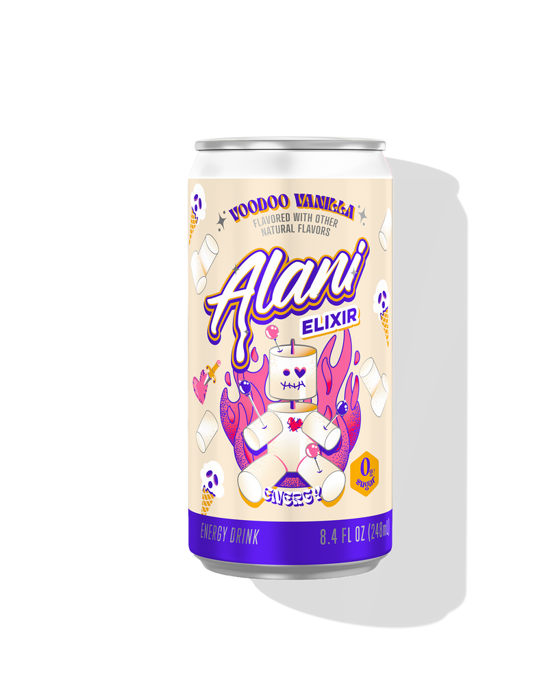 The front view of a sugar-free 8.4oz can of Voodoo Vanilla Alani Nu Energy drink, flavored with other natural flavors.