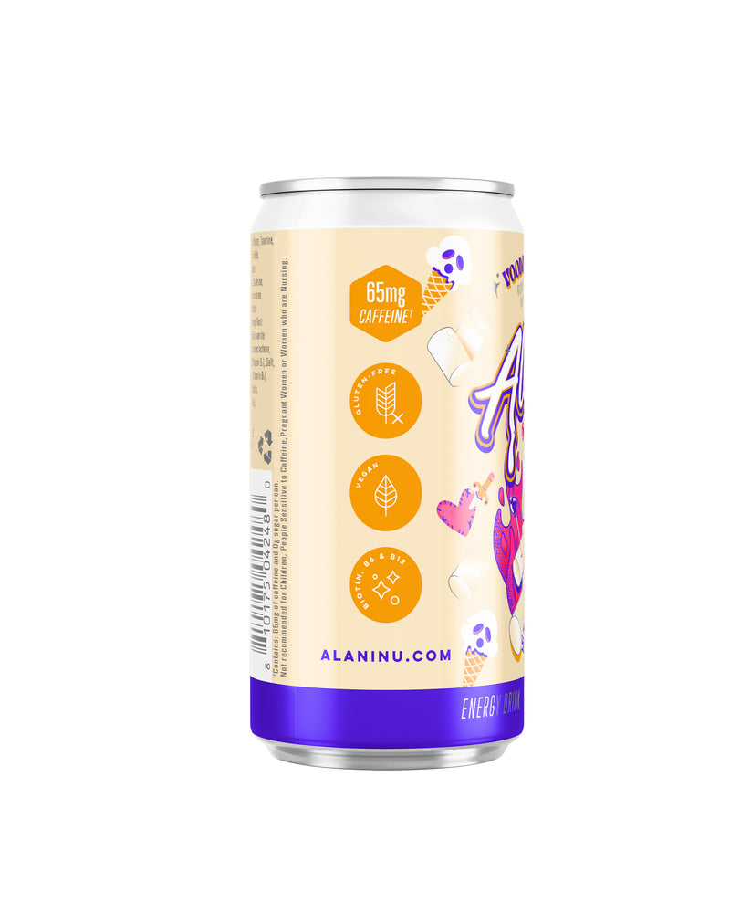 The side view of a mini Voodoo Vanilla Alani Nu Energy drink, gluten-free, vegan, and made with B vitamins and 65mg of caffeine per serving.