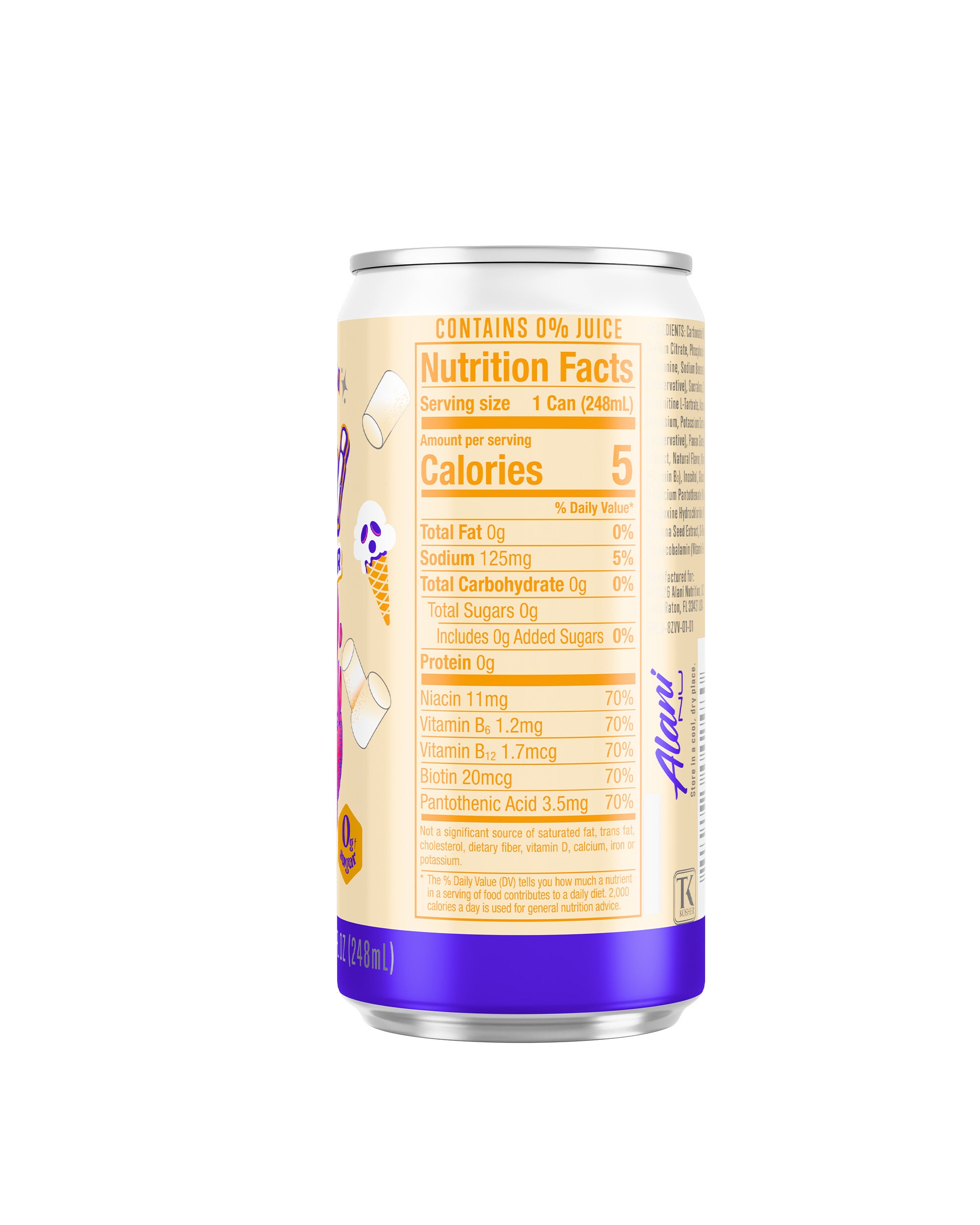 The back view of a 5-calorie mini Voodoo Vanilla Alani Nu Energy drink, highlighting nutrition facts and ingredients.