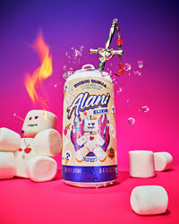A can of Alani Voodoo Vanilla Energy Elixir centered with a jeweled sword stabbed through the top, surrounded by marshmallows and a marshmallow voodoo doll with pins in it, flames rising from it's head, and floating water droplets, set against a warm pink to purple gradient background.