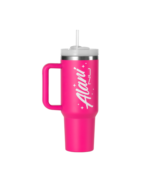A 40oz tropical pink colored travel tumbler.