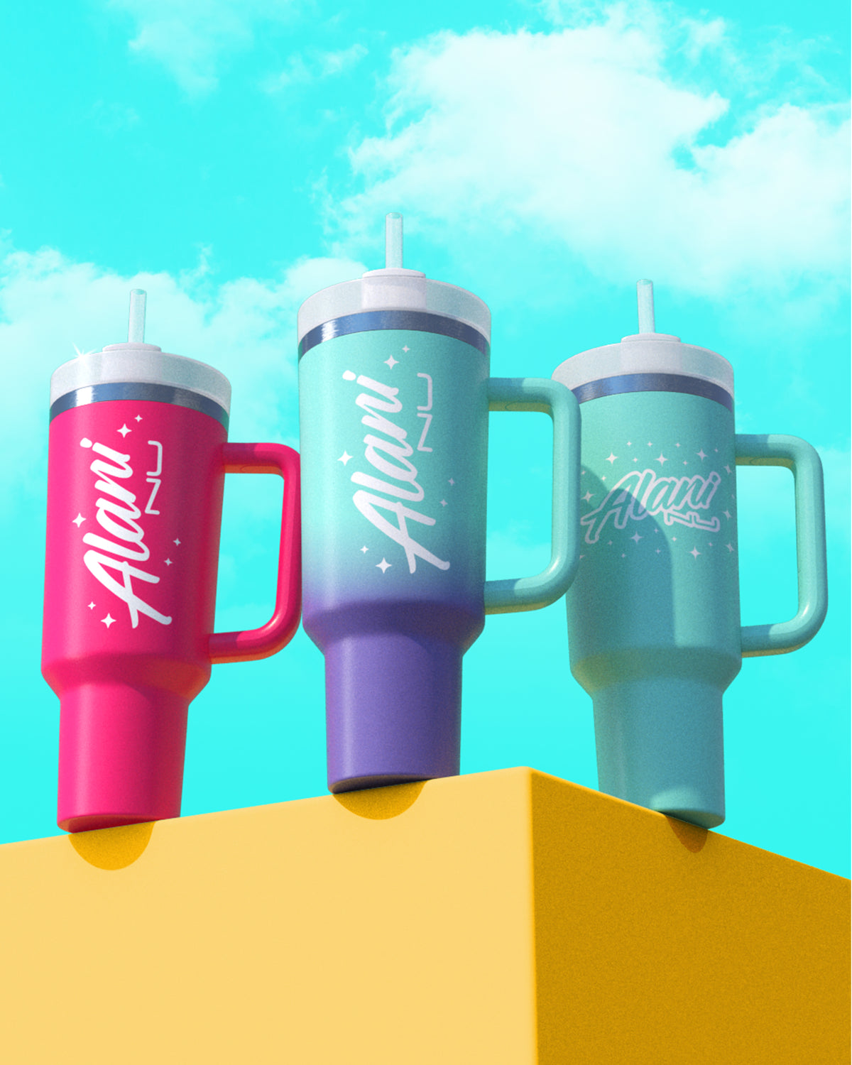 Three travel tumblers in seafoam sparkle , tropical pink and twilight sky colorways displayed next to each other in blue sky. 
