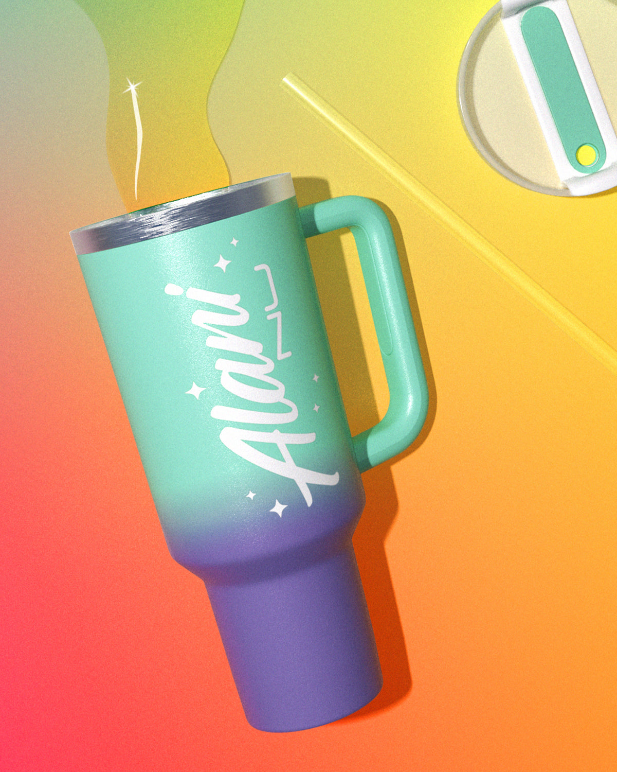 A twilight sky colored travel tumbler displayed next to the lid and straw.