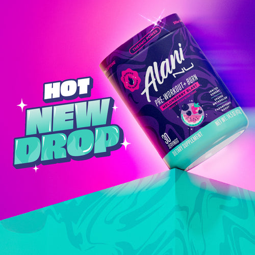 Alani Nu's new Melonberry Blast flavored Pre-Workout+ Burn supplement on a colorful shelf. Text reads, "Hot New Drop."
