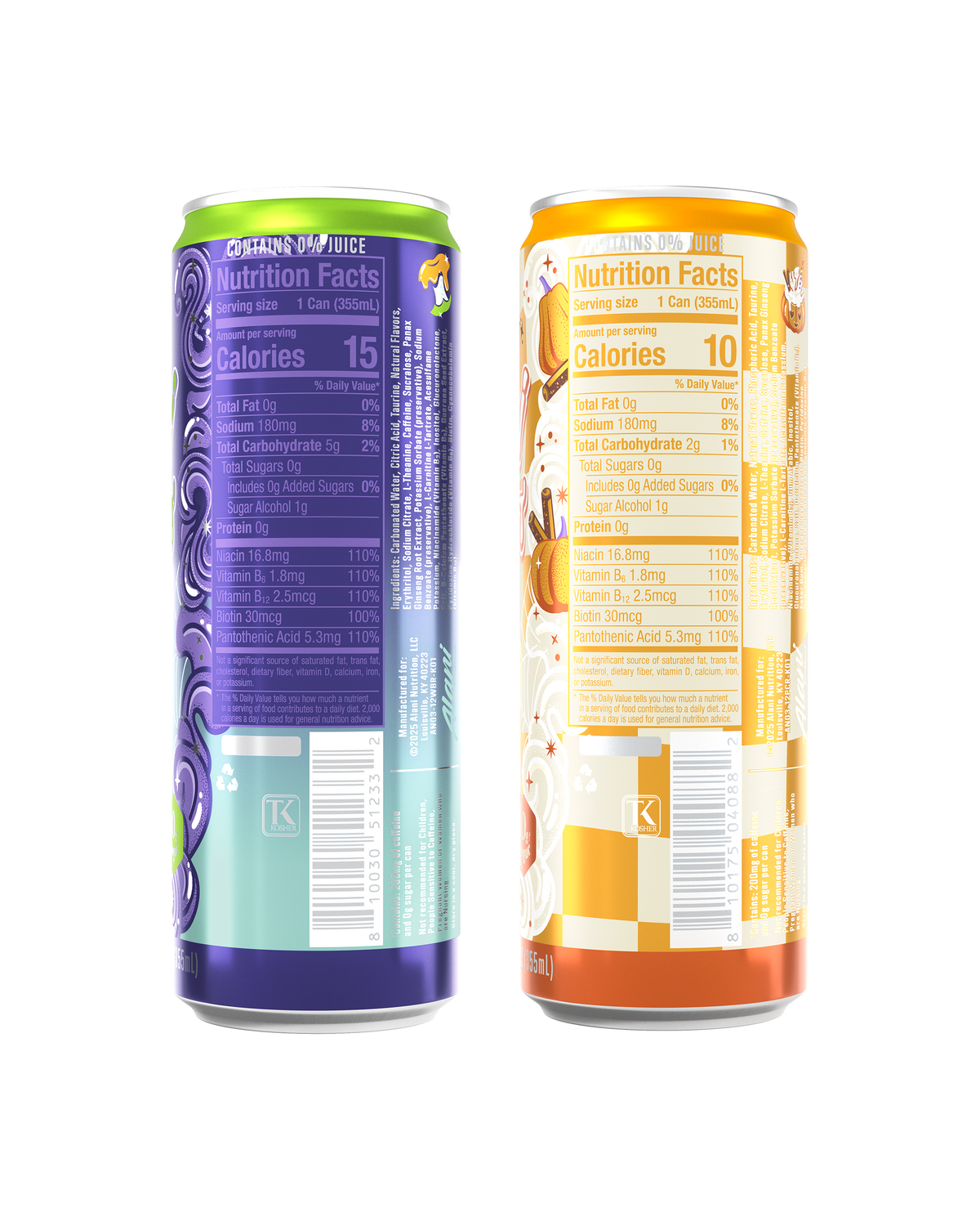 The back view of a 10-calorie Witch&#39;s Brew Mini Energy Drink, highlighting nutrition facts and ingredients.