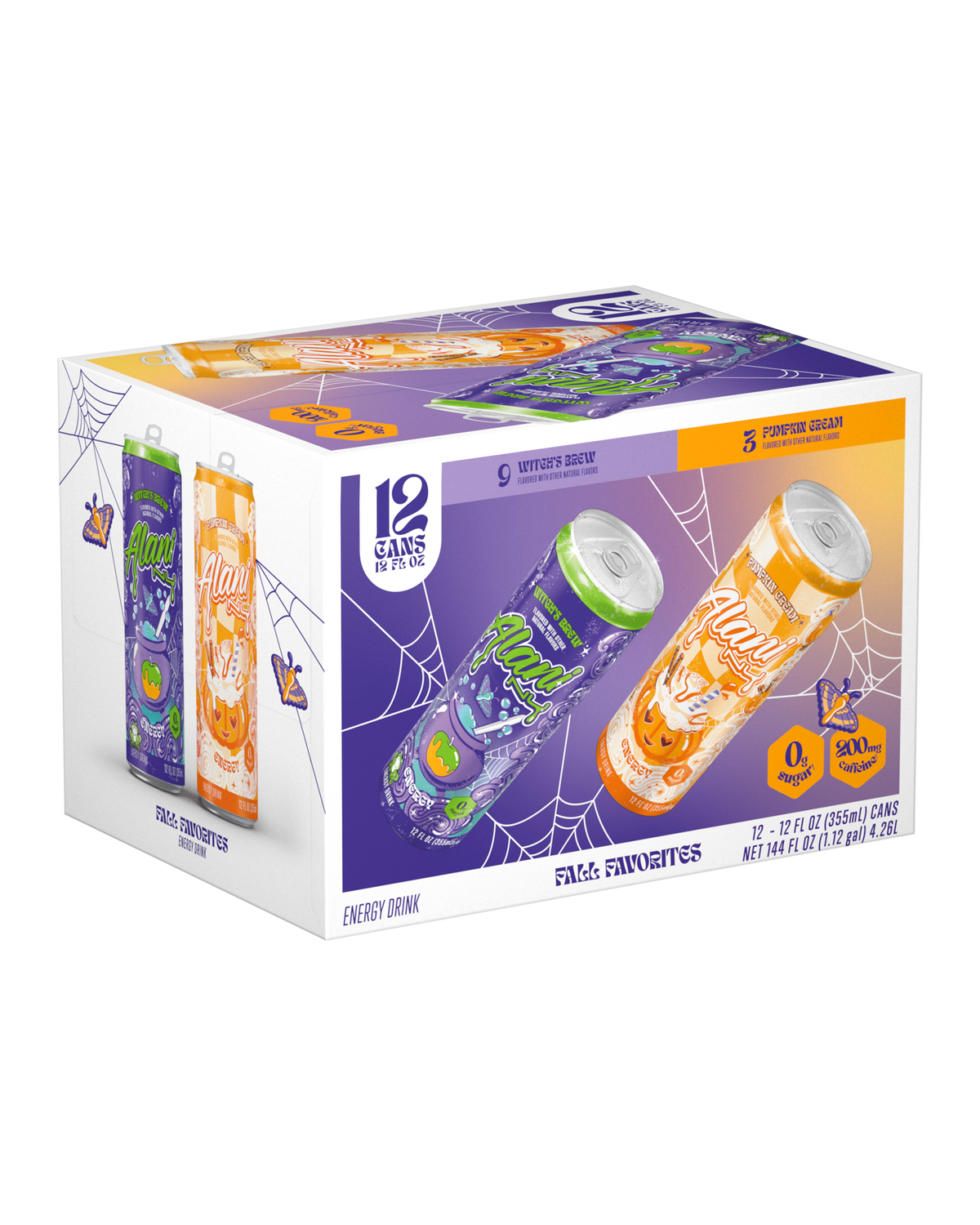 Box of 12-pack energy drinks with Halloween-themed packaging on a white background