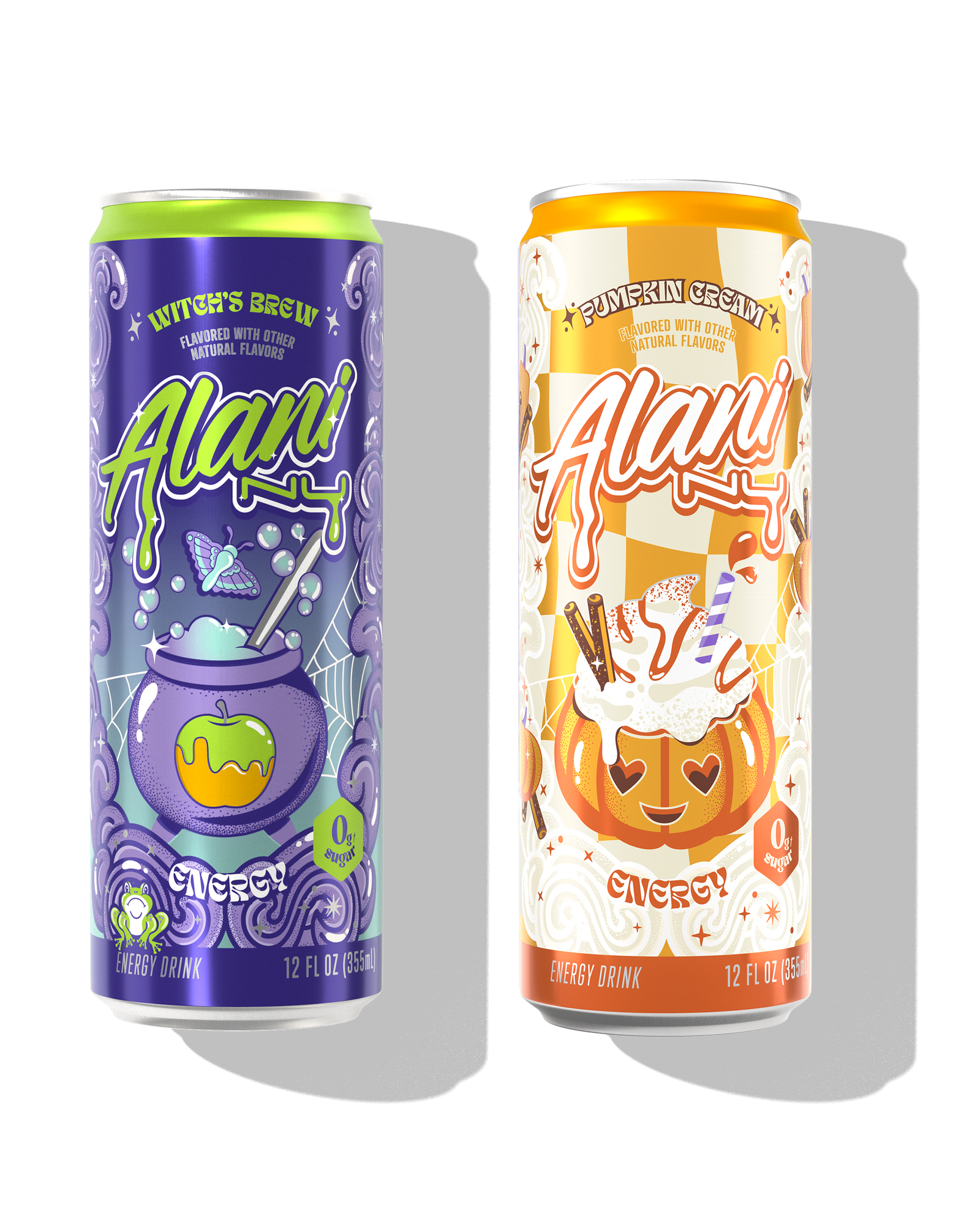 "The front view of a sugar-free 8.4oz can of Witch's Brew Alani Nu Mini Energy, flavored with other natural flavors.