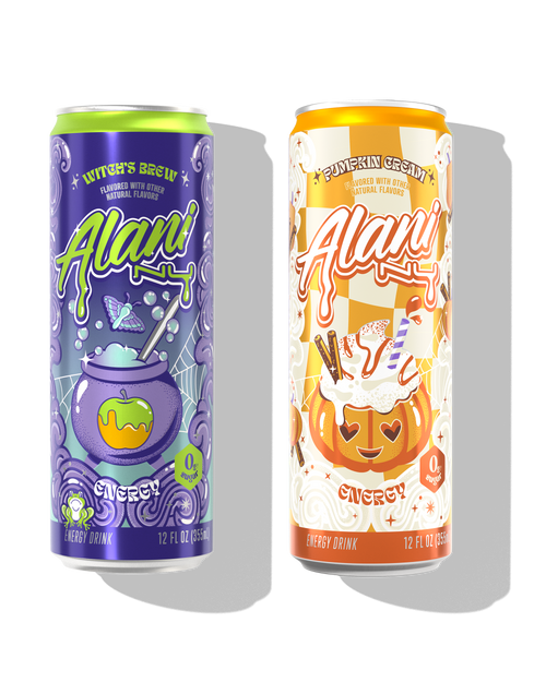 "The front view of a sugar-free 8.4oz can of Witch's Brew Alani Nu Mini Energy, flavored with other natural flavors.
