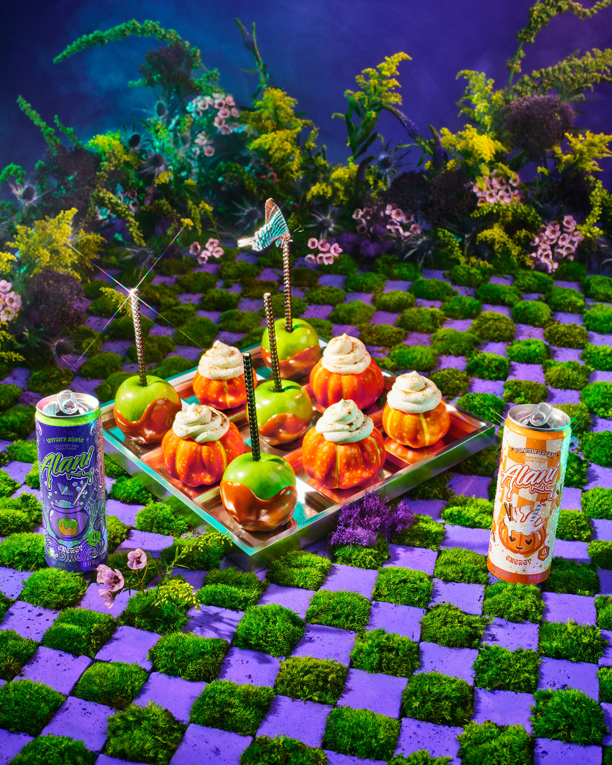 A glamorous witch lifting a half-caff Mini Witch&#39;s Brew Alani Energy from a silver platter, a full-sized Witch&#39;s Brew served alongside it.
