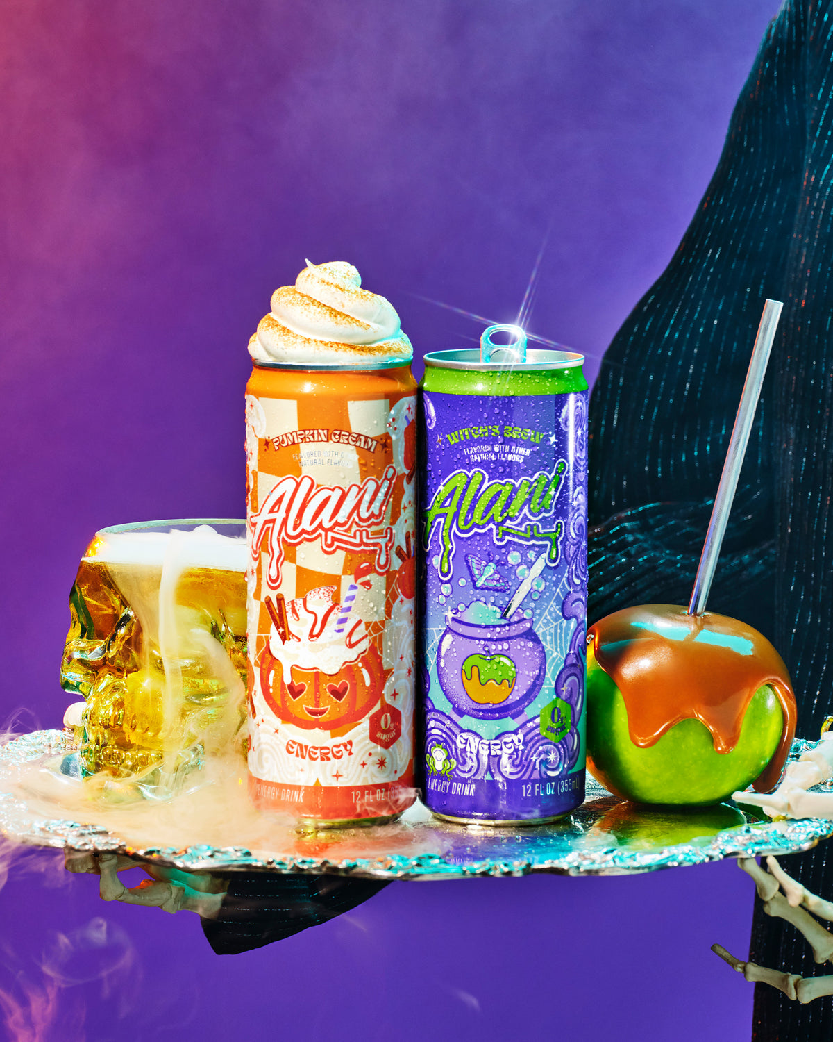  Alani Nu&#39;s new caramel-appled-flavored Mini Energy caught in a bejeweled spiderweb with colorful moths. 

