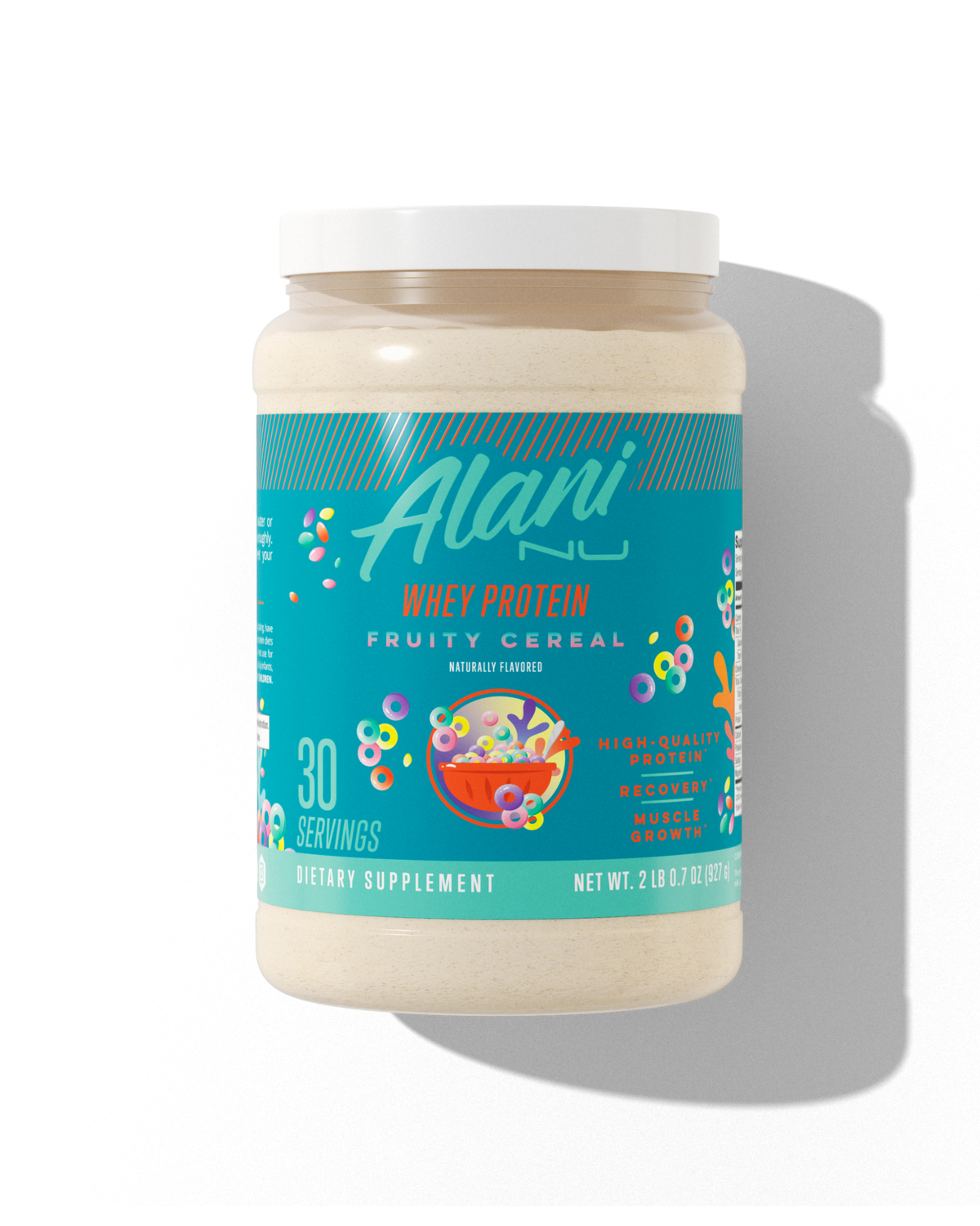 A 30 serving container  of Alani Nu's Fruity Cereal whey protein.