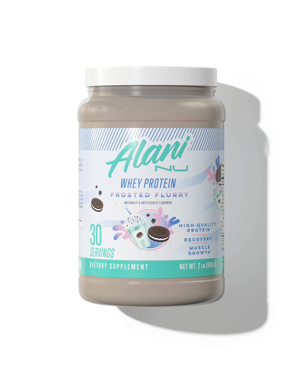A 30 serving container of Whey Protein in Frosted Flurry flavor.
