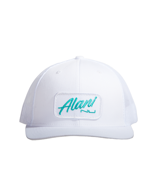 An Alani Nu Patch Hat - White with a green logo.