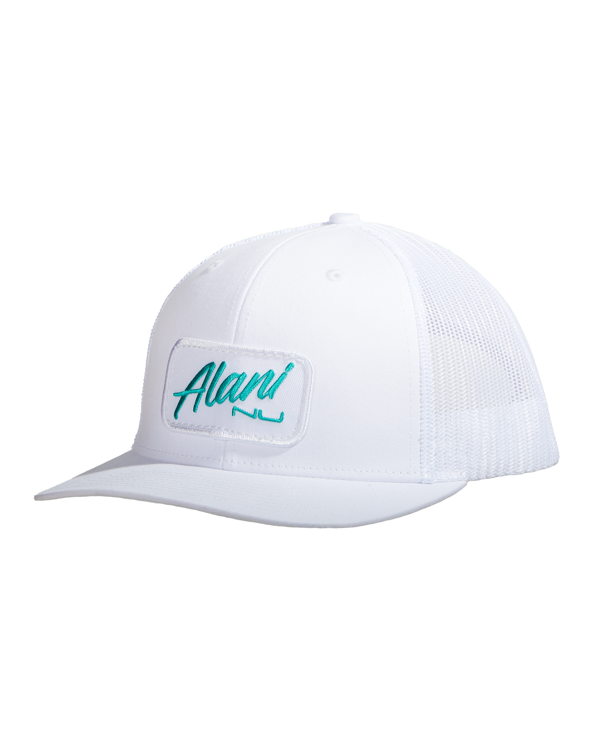 An Alani Nu Patch Hat in White with a green logo.