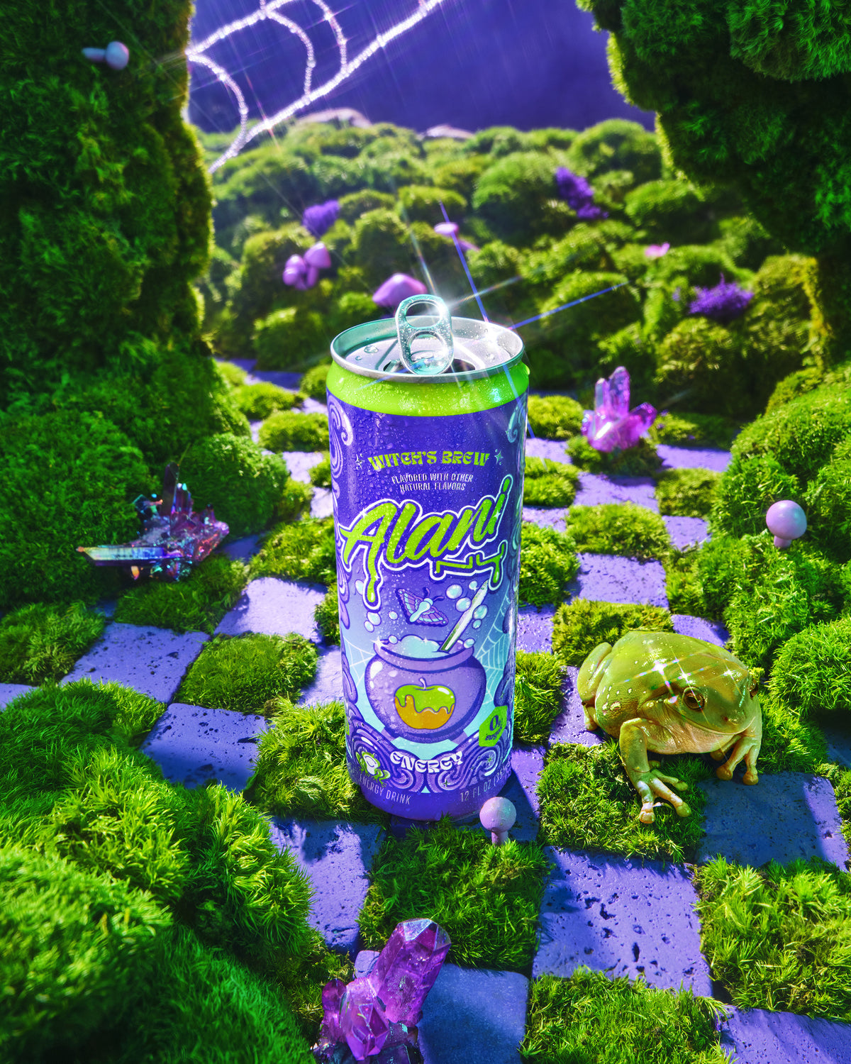 A can of Alani Nu Energy Drink - Witch&#39;s Brew, a zero sugar energy drink with 200mg caffeine, sits on a mossy, checkered surface surrounded by amethyst crystals, a frog, and spiderwebs in a whimsical fantasy scene.