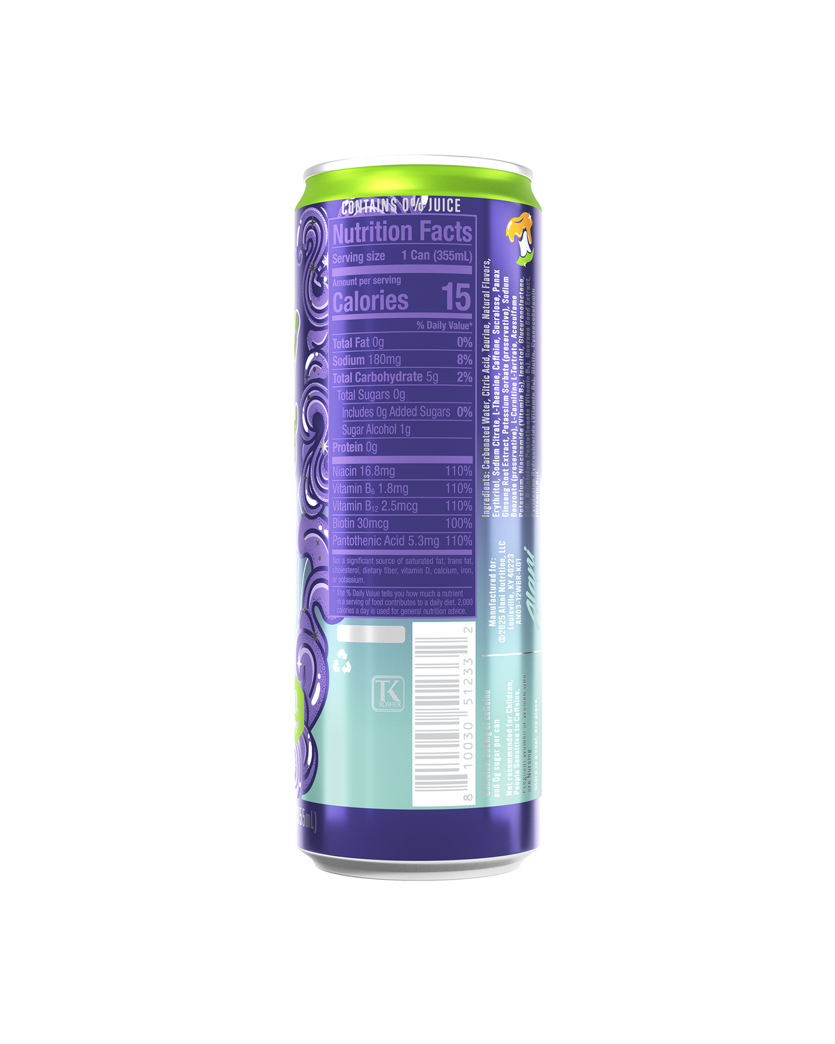 Back view of an Alani Nu Energy Drink - Witch&#39;s Brew can, showing the Nutrition Facts label and barcode on a white background. Contains 200mg caffeine and zero sugar.