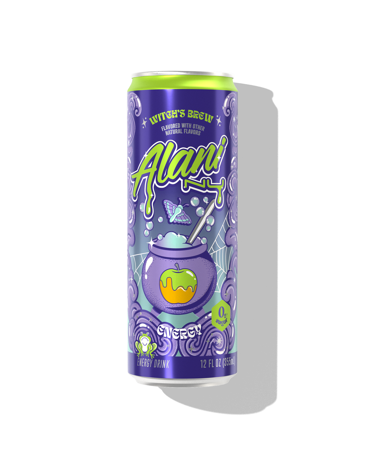 A 12 fl oz can of Alani Nu Energy Drink - Witch's Brew, a zero sugar energy drink with 200mg caffeine, features a purple and green Halloween-themed design with a cauldron and spooky graphics.