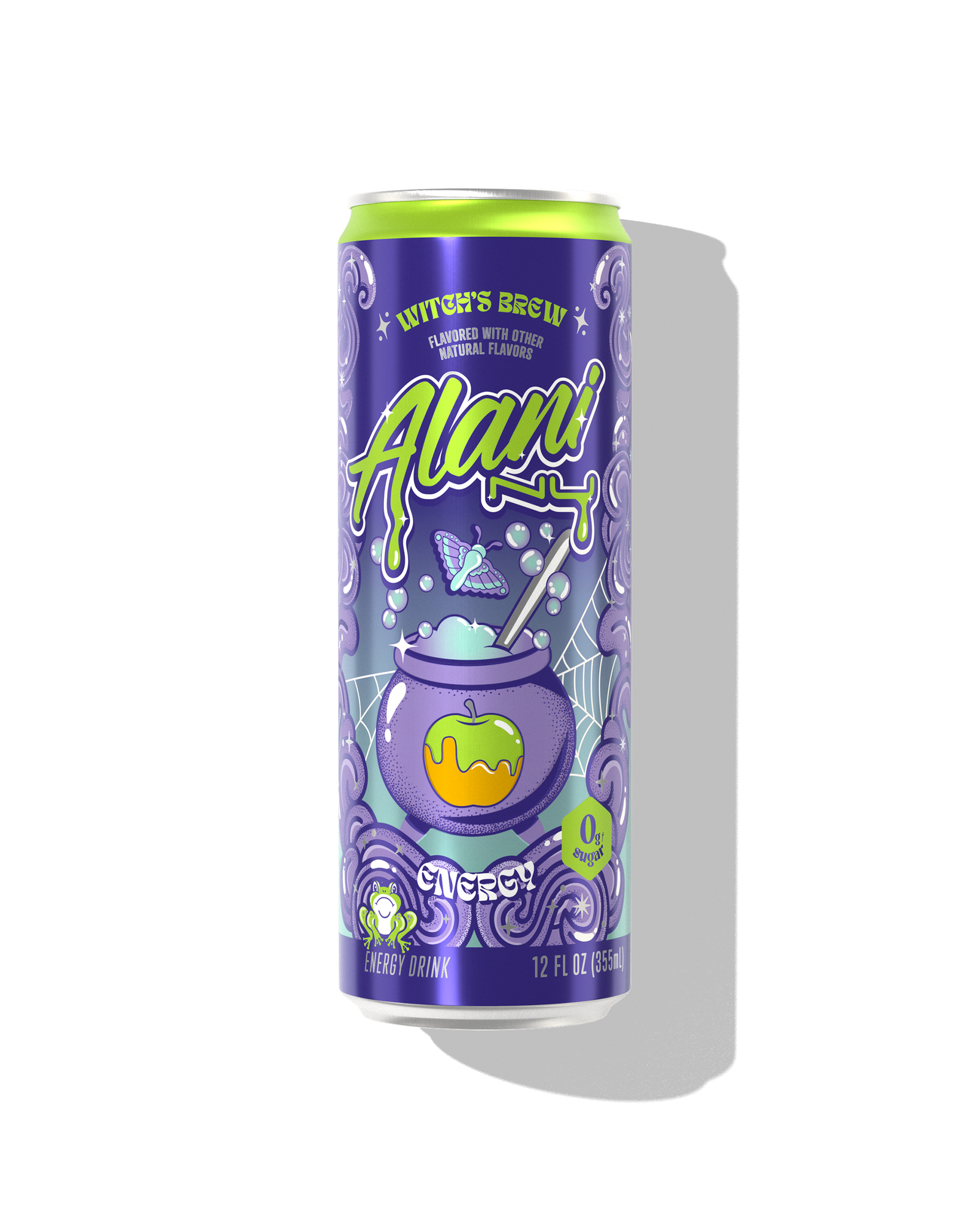 A 12 fl oz can of Alani Nu Energy Drink - Witch's Brew, a zero sugar energy drink with 200mg caffeine, features a purple and green Halloween-themed design with a cauldron and spooky graphics.