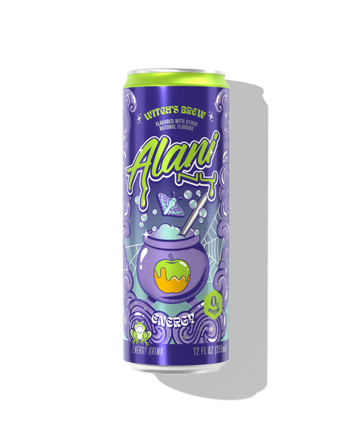 A 12 fl oz can of Alani Nu Energy Drink - Witch's Brew, a zero sugar energy drink with 200mg caffeine, features a purple and green Halloween-themed design with a cauldron and spooky graphics.