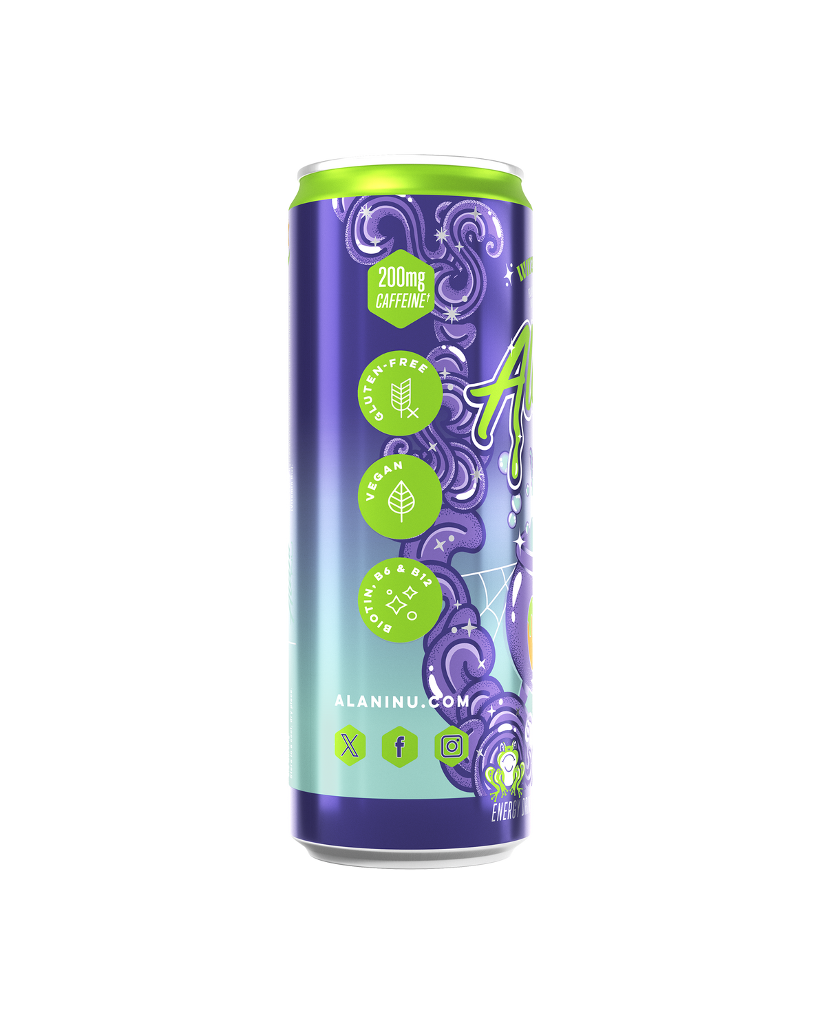 A tall can of Alani Nu Energy Drink - Witch&#39;s Brew showcases green and purple colors, 200mg caffeine, zero sugar, gluten-free, vegan claims, added biotin, plus website and social media icons on the can.