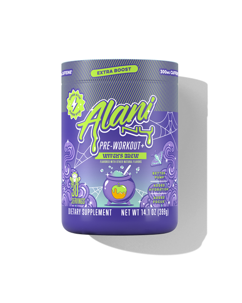 The front view of a 30-serve tub of Alani Nu Witch's Brew Pre-Workout+, flavored with other natural flavors and made to support better pump, added hydration, and added focus.*
