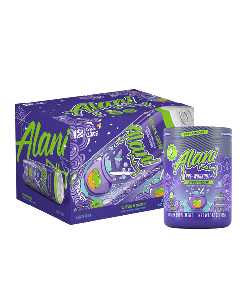 The front view of Alani Nu's exclusive Witch's Brew Bundle, including 1 sugar-free, 12oz Energy Drink 12-Pack and 1 super-stim, 30-Serve Pre-Workout+.*
