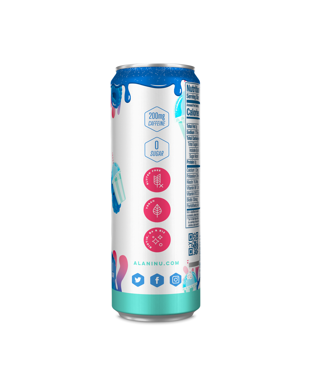 A side view of Energy Drink in Blue Slush flavor showcasing detials of product.