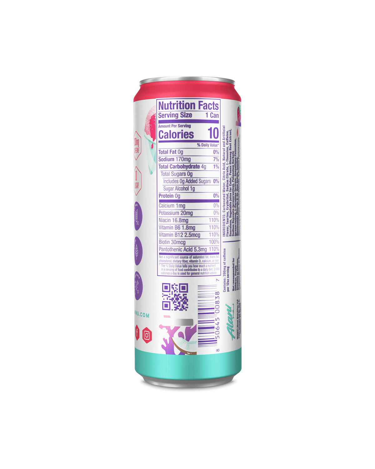 A back view energy drink in Hawaiian Shaved Ice flavor highlighting nutrition facts details. 
