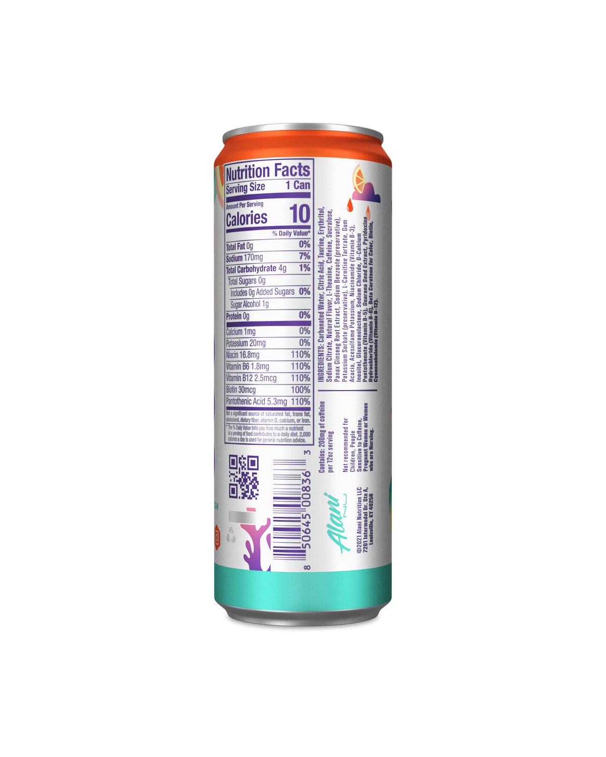 A back view of Energy Drink in Mimosa flavor highlighting nutrition facts.