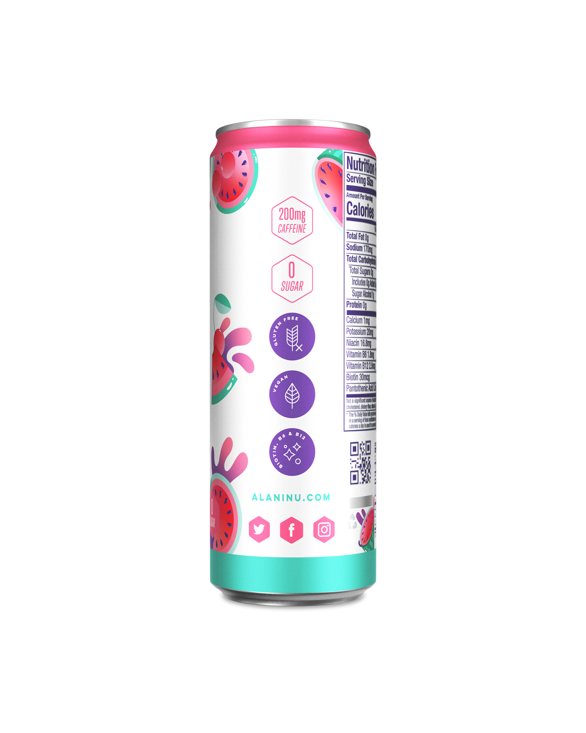 A side view of Energy Drink in Watermelon Wave flavor showcasing details of product.