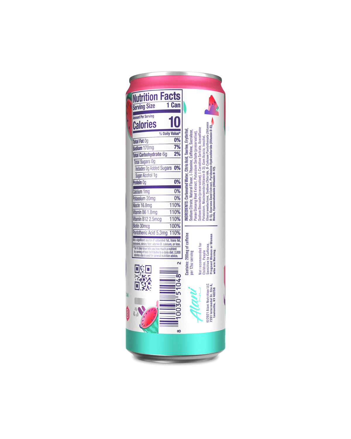 A back view of Energy Drink in Watermelon Wave flavor highlighting nutrition facts.