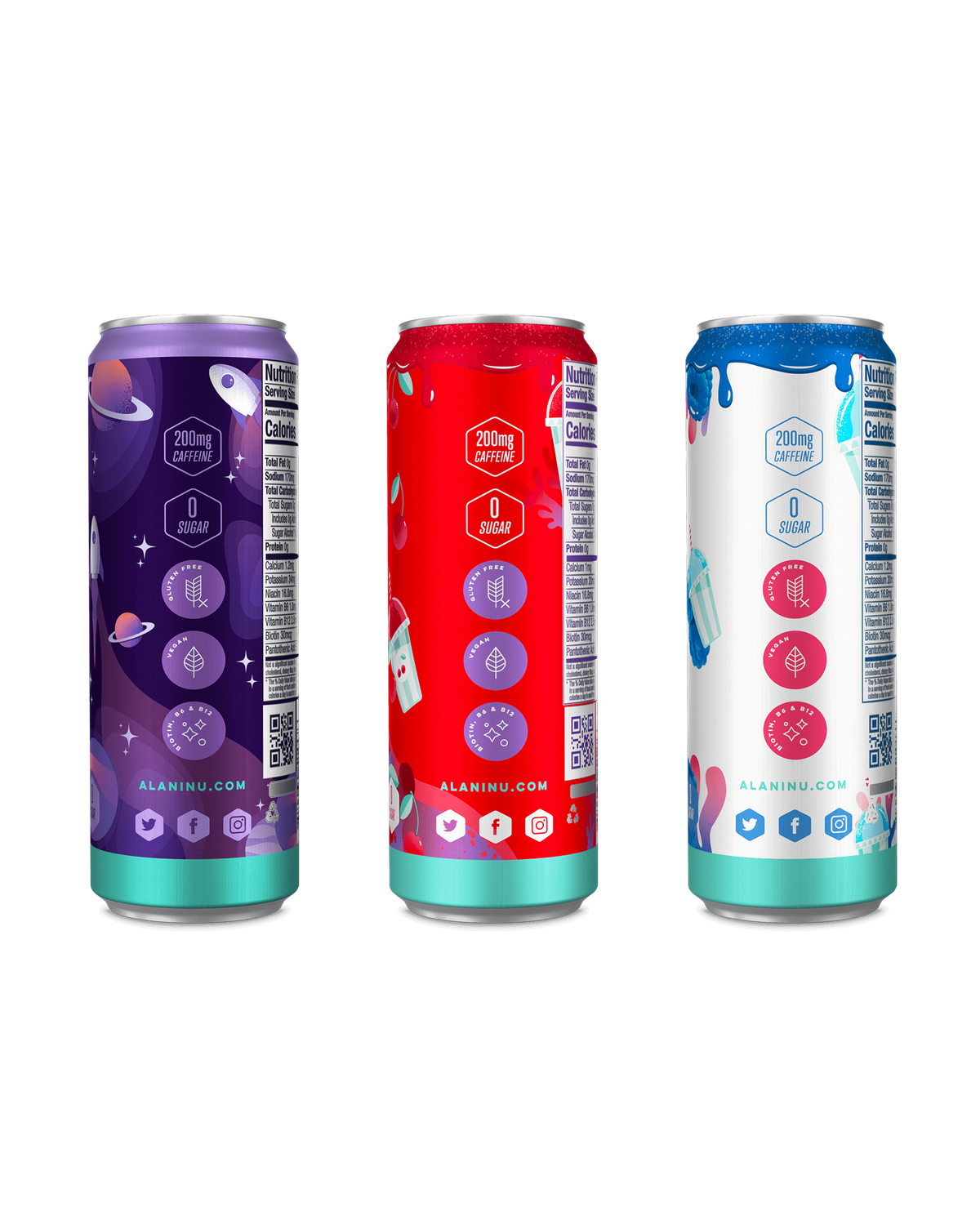 A side view of Energy Drinks in Electric energy flavors showcasing caffeine details.