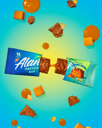 A Protein Bar in Caramel Crunch flavor split in half.