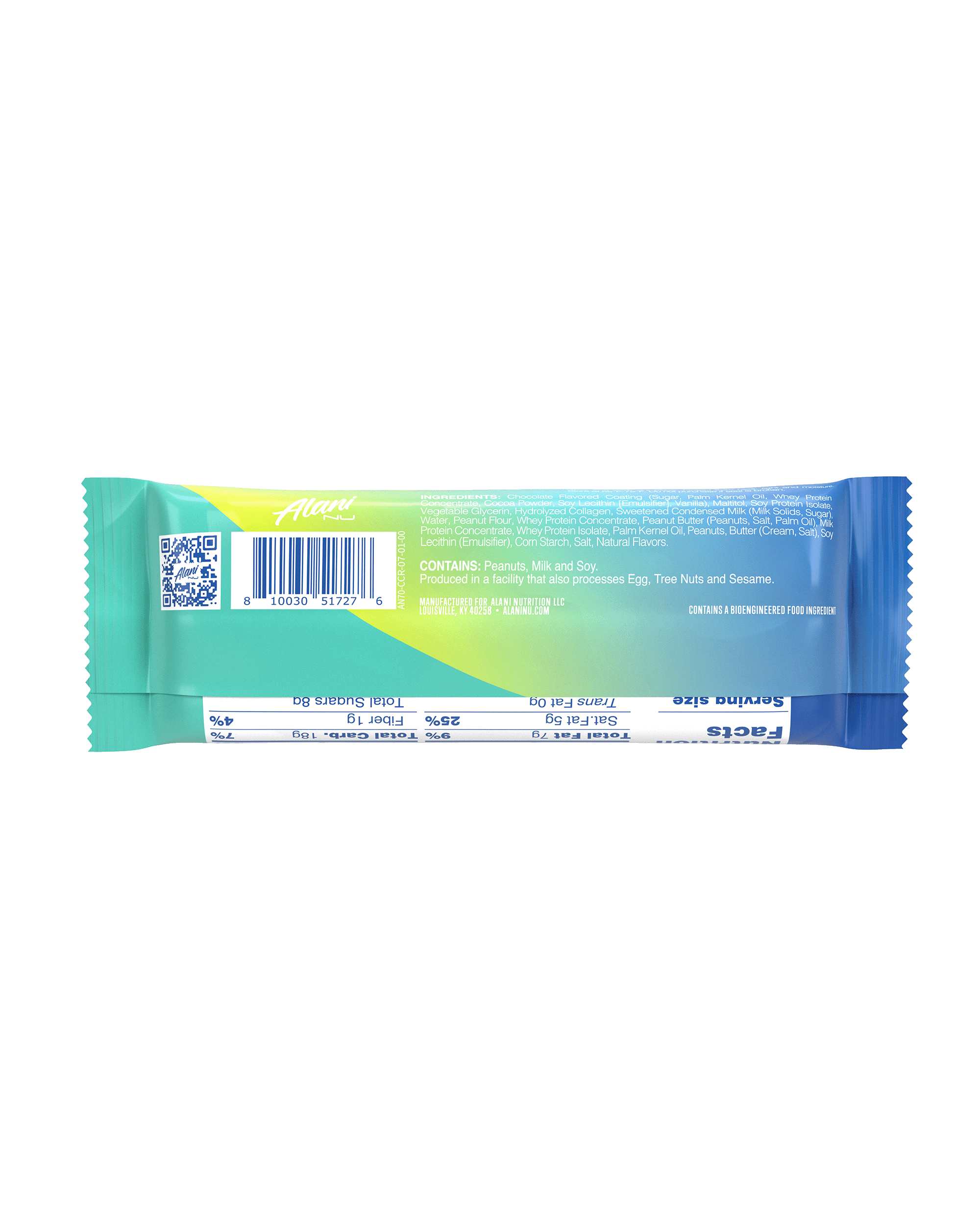 A back view of Protein Bar in Caramel Crunch flavor highlighting nutrition facts.