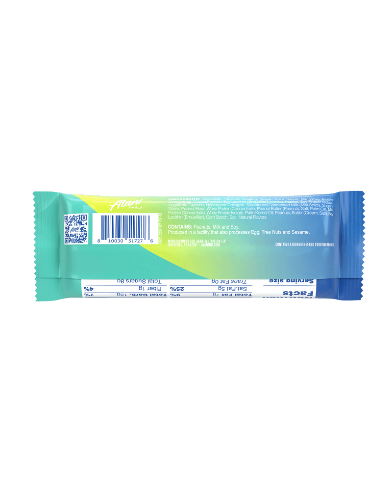 A back view of Protein Bar in Caramel Crunch flavor highlighting nutrition facts.