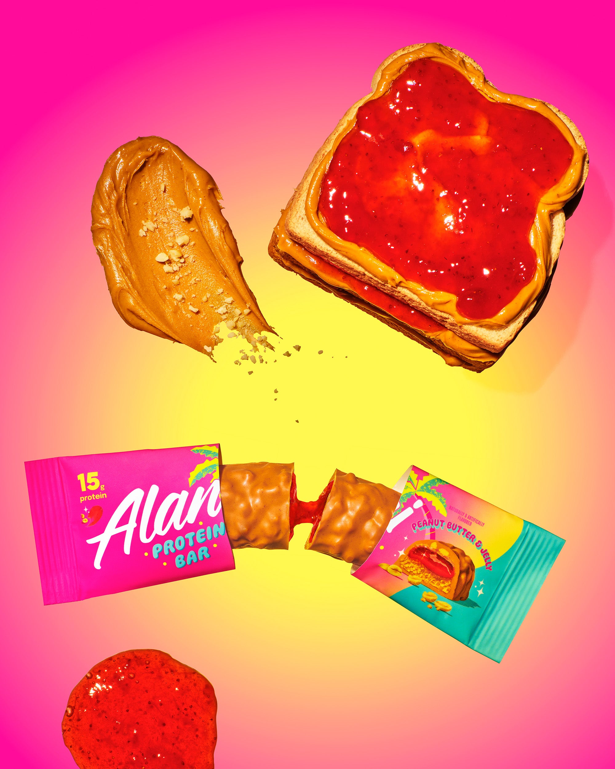 A Peanut Butter & Jelly Sandwich effortlessly separates the Peanut Butter & Jelly Protein Bar flavor into two equal halves.