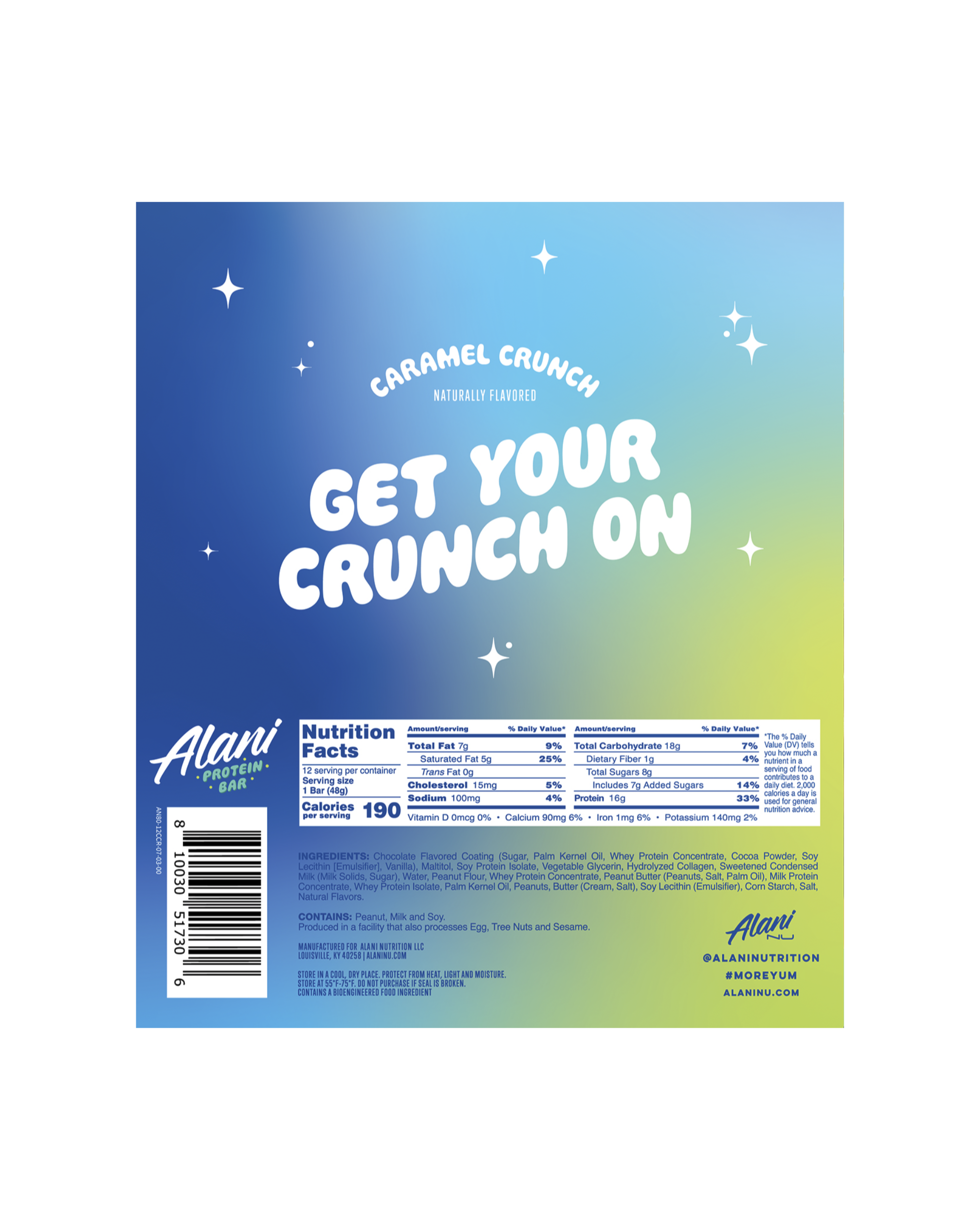 A nutrition facts label of Protein Bars in Caramel Crunch flavor.